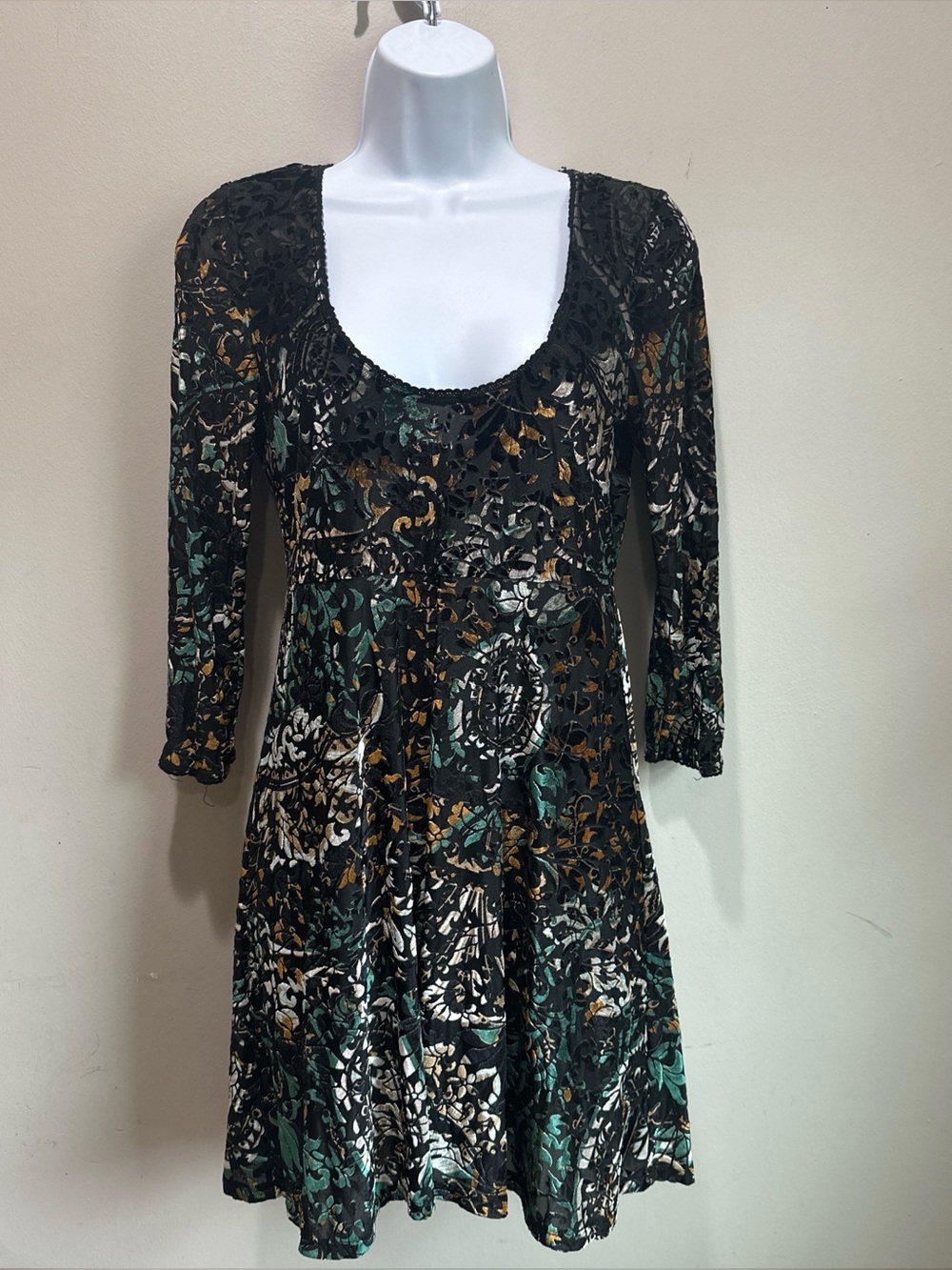 Free People Elegant Black and Green Long Sleeve Dress